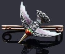 A Victorian rose diamond and enamel humming bird brooch