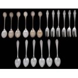 A set of six modern silver pastry forks and two sets of six modern coffee spoons