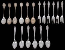 A set of six modern silver pastry forks and two sets of six modern coffee spoons