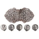 A set of five Edward VII Art Nouveau silver buttons and a late Vict. silver nurses' buckle