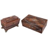 A Regency mahogany tea caddy and a rosewood and mother of pearl inlaid writing slope