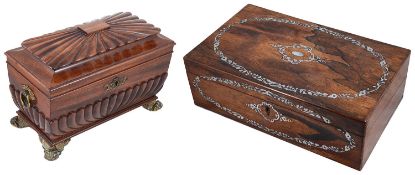 A Regency mahogany tea caddy and a rosewood and mother of pearl inlaid writing slope