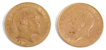 A George V full sovereign and an Edward VII full sovereign