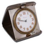 A George V silver cased folding travel clock