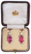 An attractive pair of 19th c natural Burmese ruby and diamond earrings