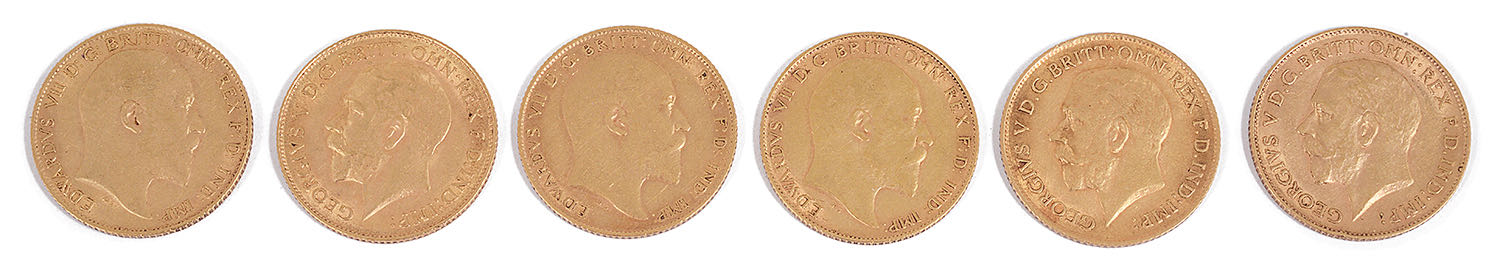 Six Edward VII and George V half sovereigns