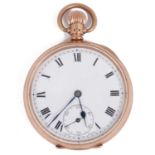 An early 20th century 9ct gold open faced keyless pocket watch