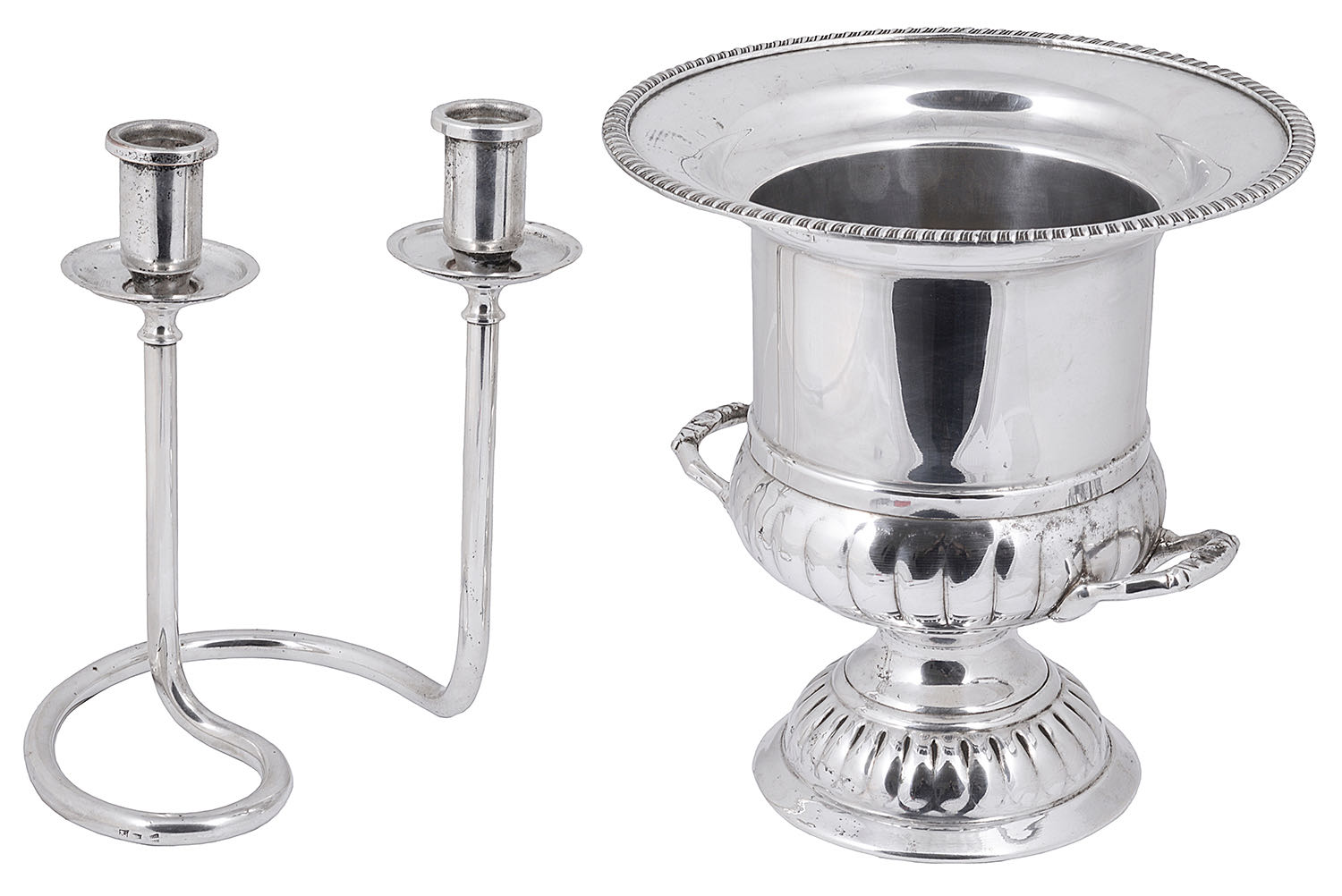 Silver on copper twin handled wine cooler; with a French Modernist design silver plated candelabrum