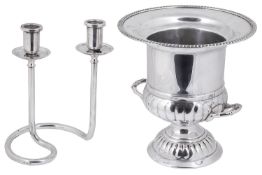 Silver on copper twin handled wine cooler; with a French Modernist design silver plated candelabrum