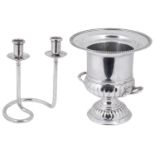 Silver on copper twin handled wine cooler; with a French Modernist design silver plated candelabrum