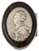 An early 18th c. silver mounted tortoiseshell oval Queen Anne portrait snuff box