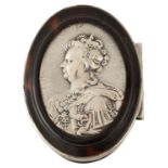 An early 18th c. silver mounted tortoiseshell oval Queen Anne portrait snuff box