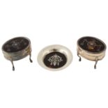 A pair of Edwardian silver mounted tortoiseshell and pique work trinket boxes; similar pin dish