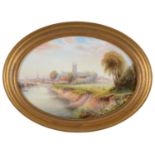 A Royal Worcester oval plaque featuring Worcester Cathedral by R. Rushton