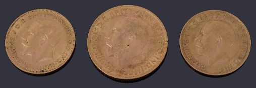 A George V full sovereign and a two George V half sovereigns