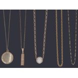 Five assorted gold necklaces and three with pendants,