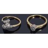 18ct gold single stone illusion set diamond ring and another cross over diamond ring