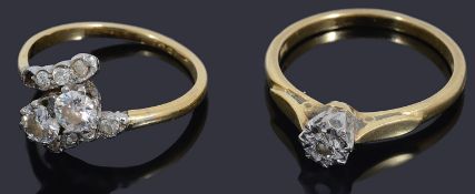 18ct gold single stone illusion set diamond ring and another cross over diamond ring