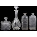 A George III cut glass pot and cover; pair of early 19th c. spirit decanters; Victorian decanter