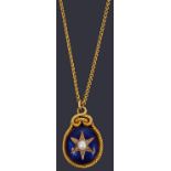A Victorian enamel, seed pearl and diamond pendant on chain