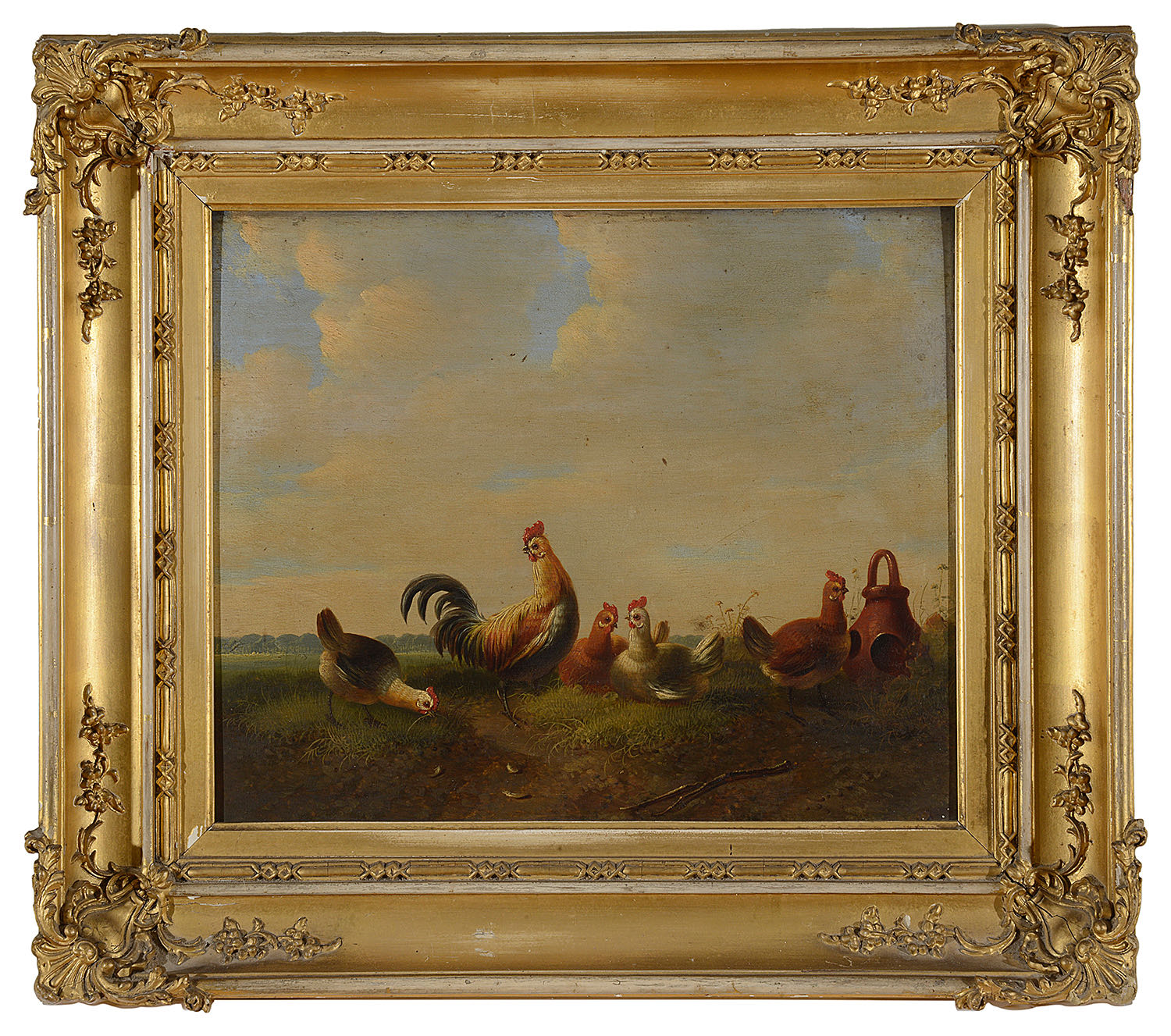 Early 19th c. Flemish school 'Cockerel and hens in a landscape' a pair, oil on panel