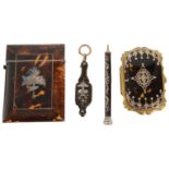 Collection of 19th c. tortoiseshell and pique work items to include a pair of French lorgnettes