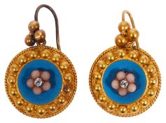 A pair of Victorian gold diamond, coral and blue enamel earrings