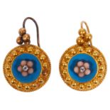 A pair of Victorian gold diamond, coral and blue enamel earrings