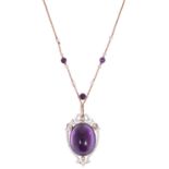 A beautiful mid Victorian amethyst, seed pearl and enamel shield pendant