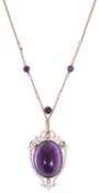 A beautiful mid Victorian amethyst, seed pearl and enamel shield pendant