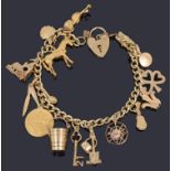 A 9ct gold charm bracelet with packlock and fifteen assorted mainly 9ct gold charms