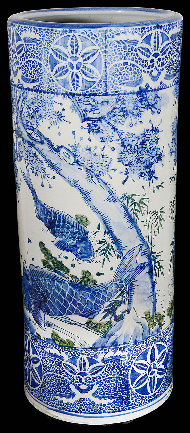 A Japanese blue and white Arita porcelain umbrella stand c.1900