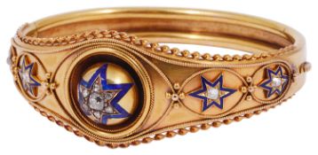 A beautiful Victorian gold, enamel and diamond hinge bangle