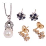 A white gold cultured pearl and diamond pendant and two pairs of earrings