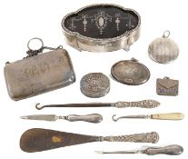 A George V silver mounted tortoiseshell and pique work trinket box and a collection of silver vertu