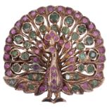 A decorative Indian silver gilt ruby and emerald peacock brooch/pendant
