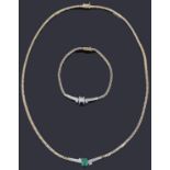 A two-colour gold reversable synthetic sapphire, emerald and diamond necklace; matching bracelet