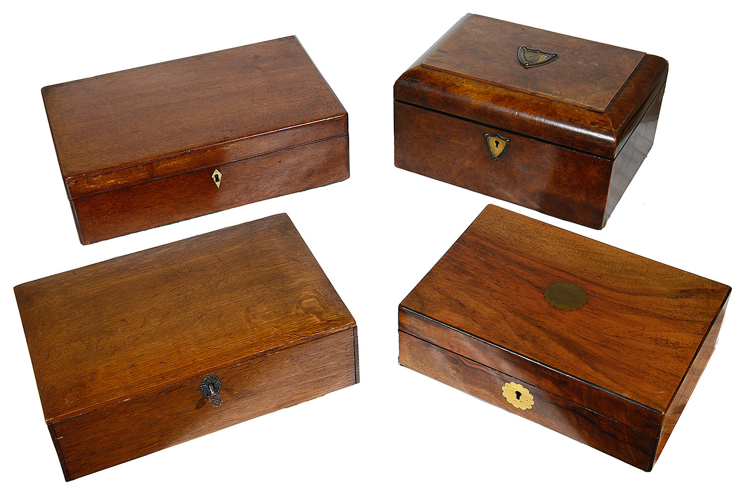 A Victorian burr walnut sewing box, a 19th c. mahogany writing slope and two other boxes