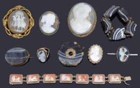 A collection of interesting cameo and banded agate jewellery