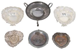 A pair of late Victorian silver heart shaped bon bon dishes; others