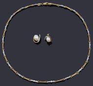 A pair of gold pearl and diamond earrings and a two colour single row gold necklace