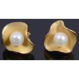 A pair of 9ct gold single cultured pearl floral earrings