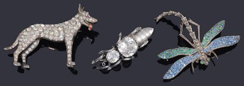 A Victorian paste set silver cicada brooch and two other paste brooches