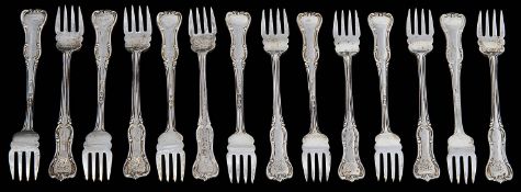 A set of fourteen late Victorian silver Joan of Arc pattern oyster forks