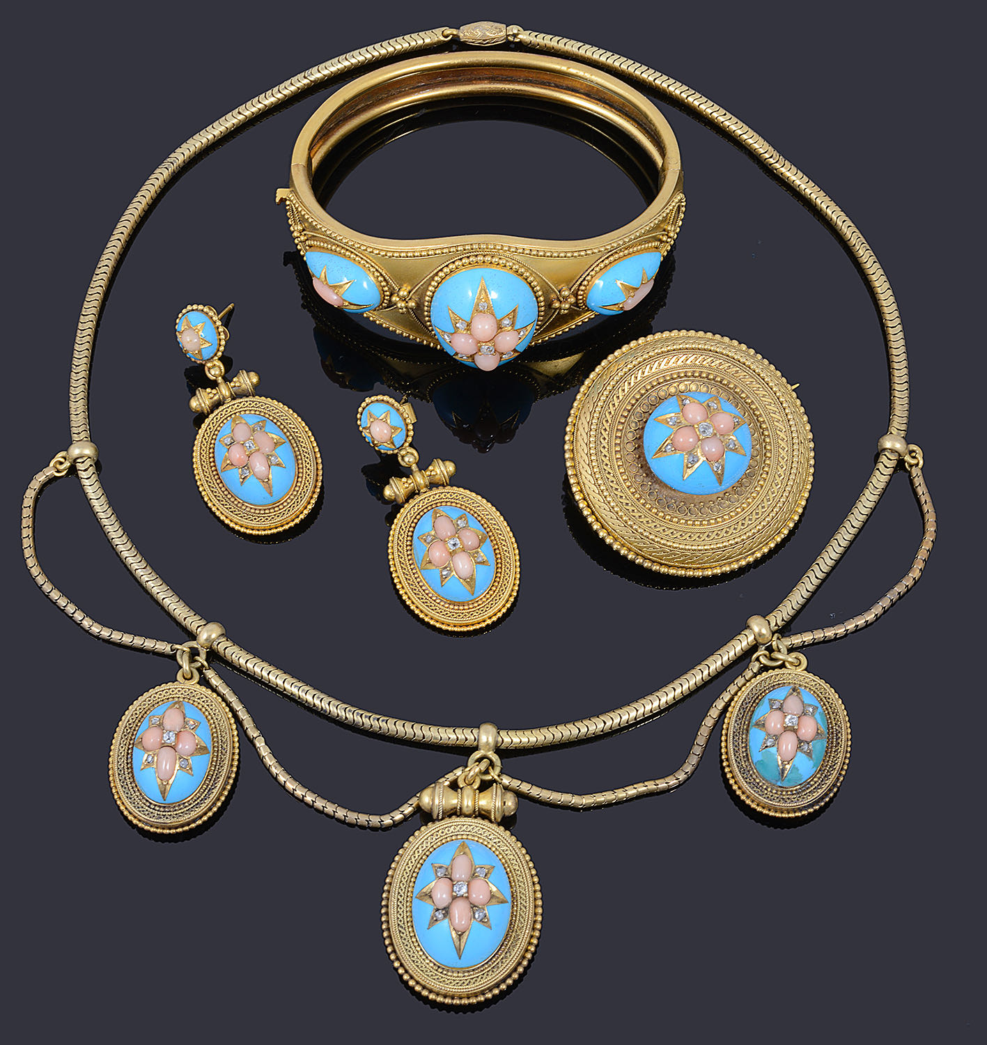 An exquisite mid-Victorian gold, diamond, coral and blue enamel suite, circa 1860s