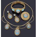 An exquisite mid-Victorian gold, diamond, coral and blue enamel suite, circa 1860s