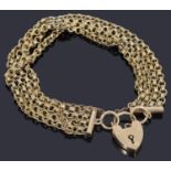 A gold four row belcher link chain bracelet with padlock