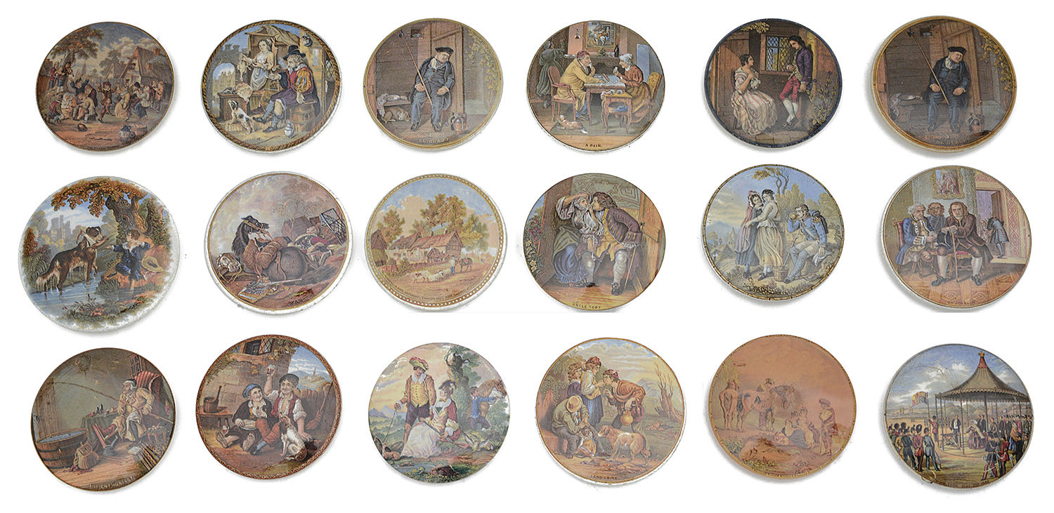 A large collection of 19th century Prattware and other pot lids