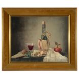 James Noble (Brit. 1919-1989) 'Chianti with cheese and apple', oil on canvas, signed