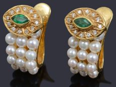 A pair of attractive emerald and cultured pearl earrings